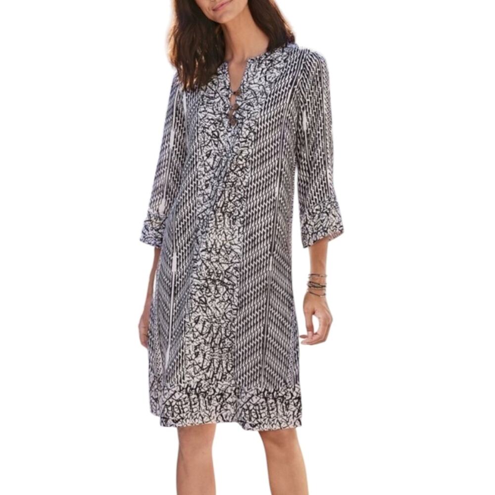 Soft Surroundings Black & White Ikat Raven Dress 3/4 Sleeve Womens Plus Size 1X